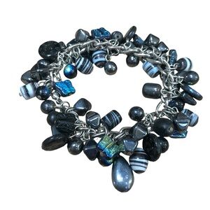 Black Blue Glass Beaded Bracelet Large Chunky Kinetic Statement iridescent charm